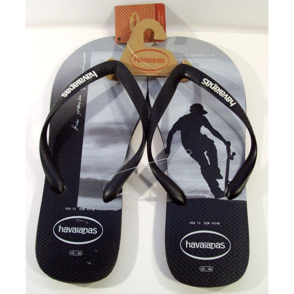 New Men's Havaianas Flip Flops, Sz 13, Skateboarder, Black & White